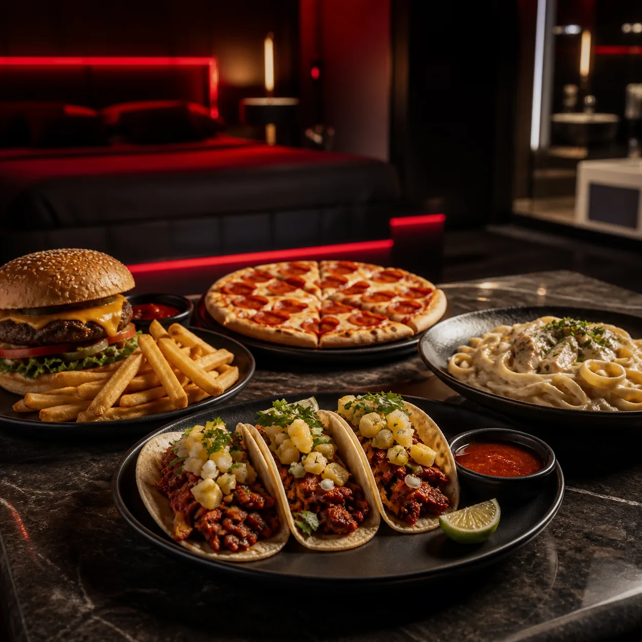 Hamburguesa, tacos, pizza y pasta del menú de alimentos