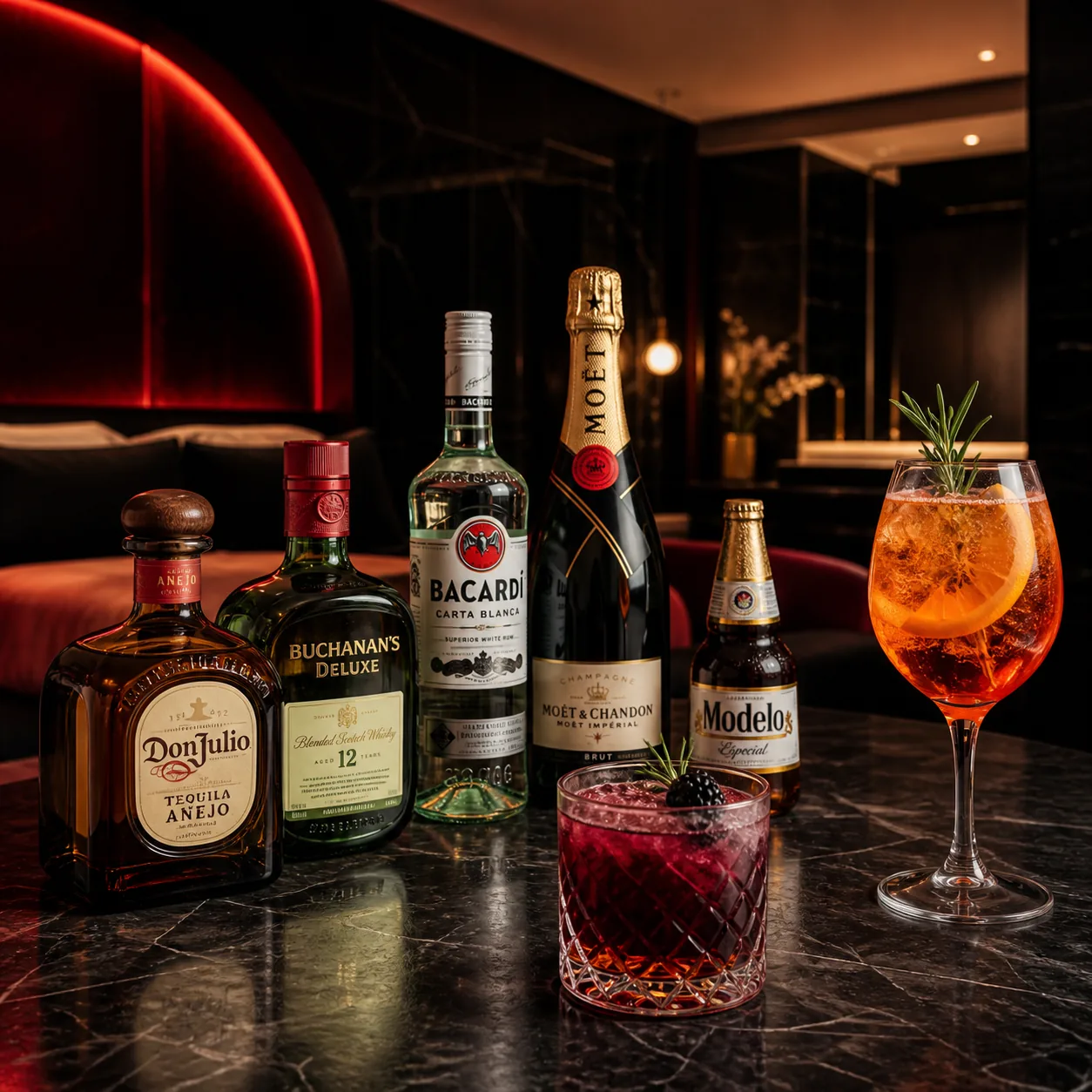 Selección de tequila, whisky, ron, champaña, cerveza y cocteles