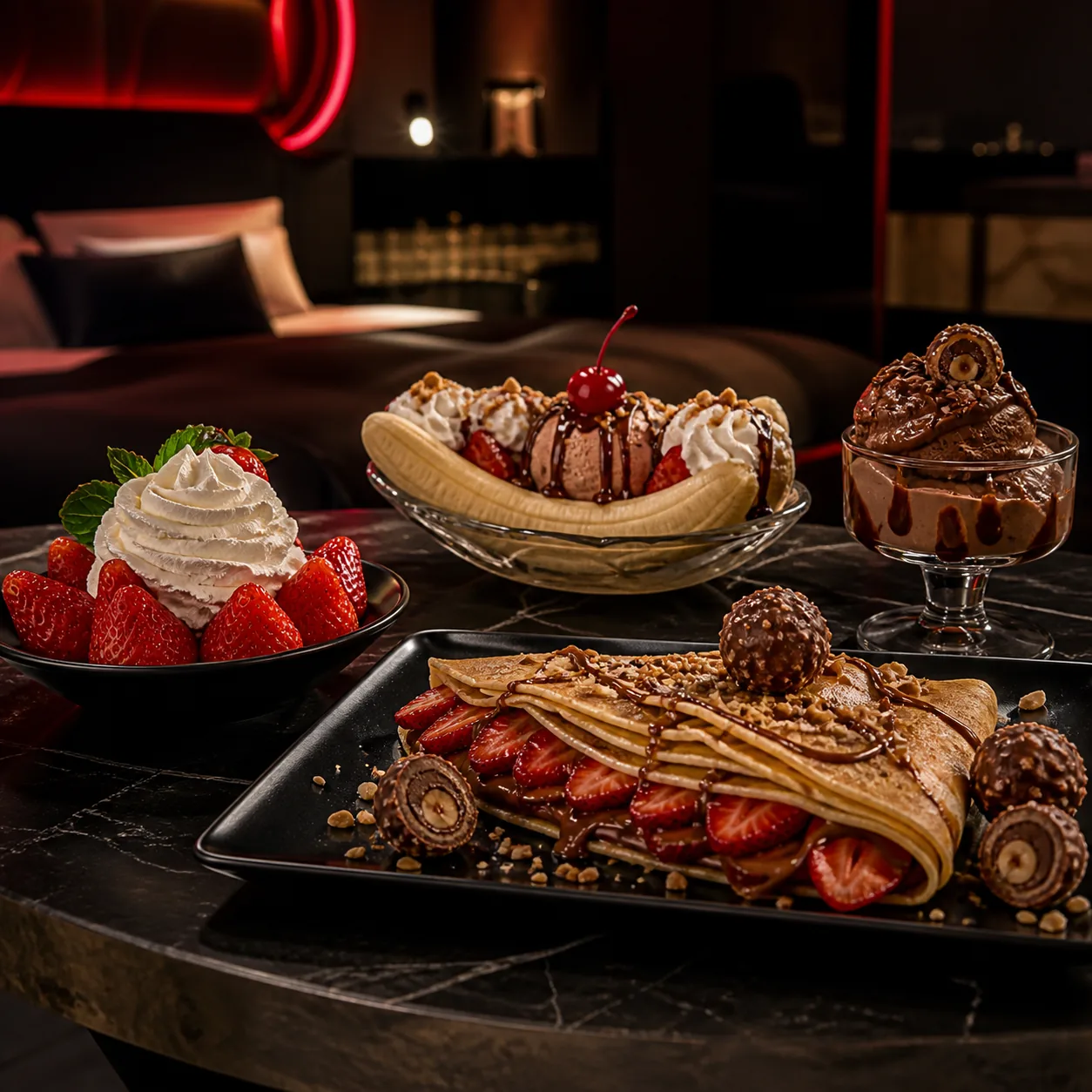 Banana split, fresas con crema, helado de chocolate y crepa de fresa