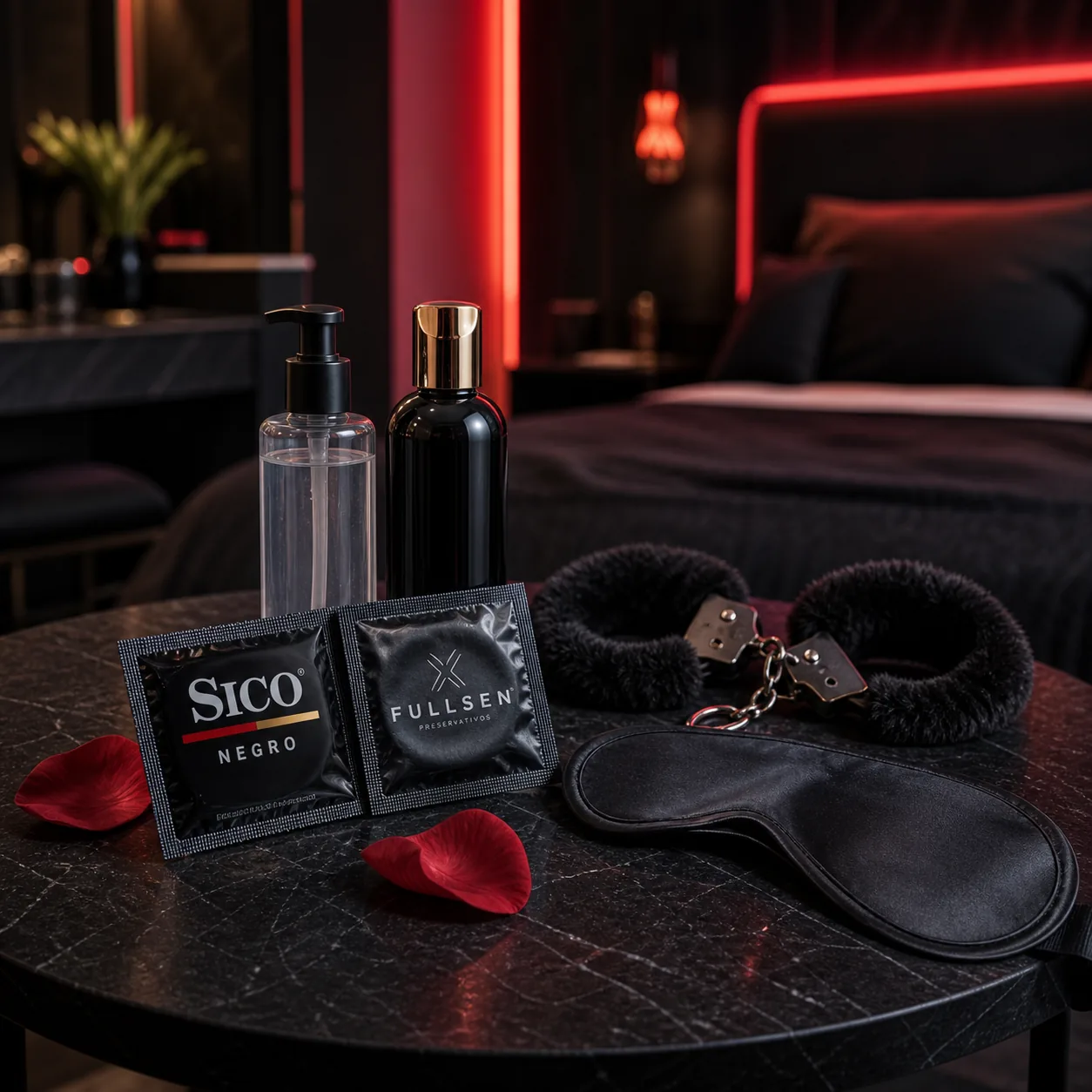 Selección discreta de preservativos, lubricantes y accesorios
